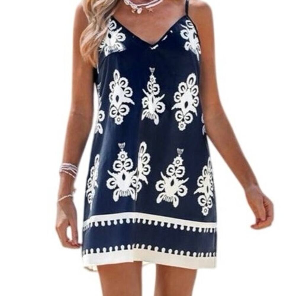 Emery Rose navy blue and white V-neck boho print cami mini dress. XL - Picture 3 of 7
